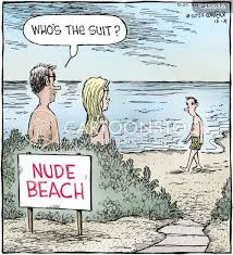 A couple on a nude beach notice a man in shorts. The man asks: 'Who's the suit?'