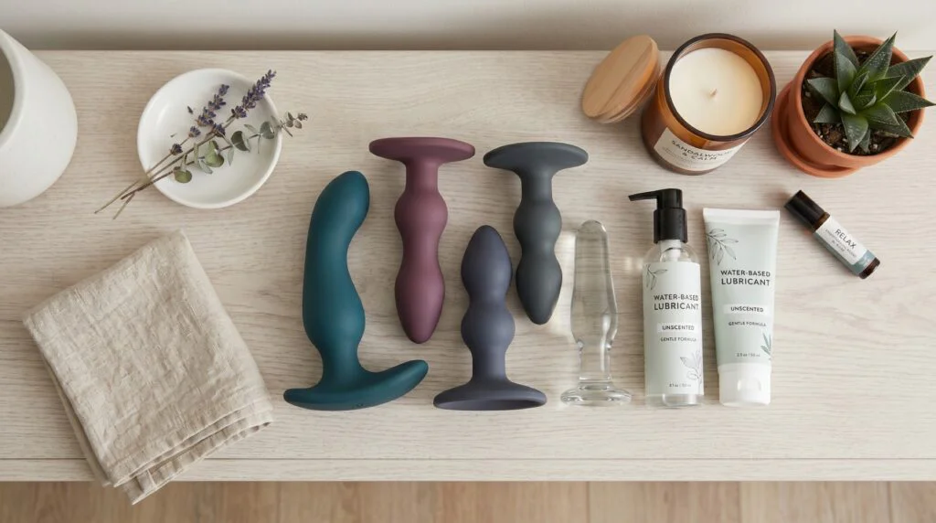 an assortment of specialized prostate massagers, lubricants, and relaxing accessories
