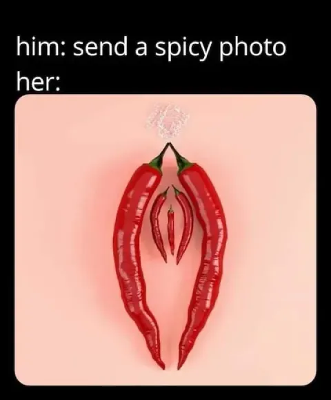 A meme where the text reads, him: send a spicy photo. her: accompanied by an image of red chili peppers arranged to look like a vulva