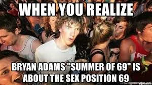 A man on the dance floor realizing Summer of 69 song is about the sex position