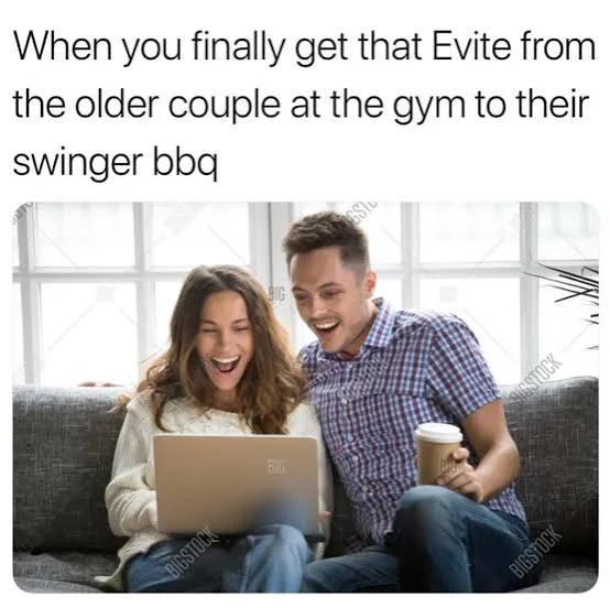 Young couple excited to get that e-vite for the older swingers couple BBQ