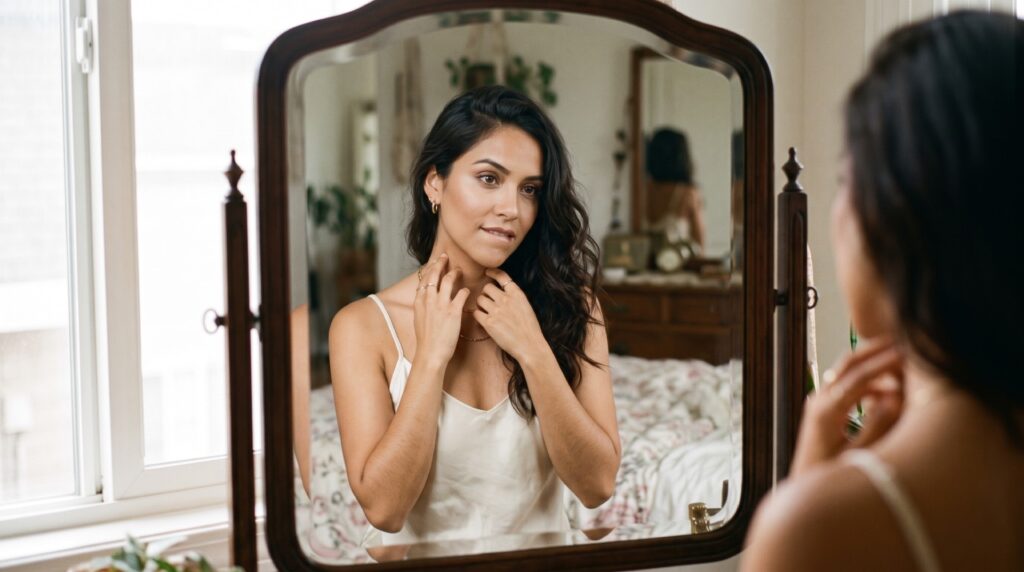 Latina woman experiencing autoeroticism as she gazes into the mirror