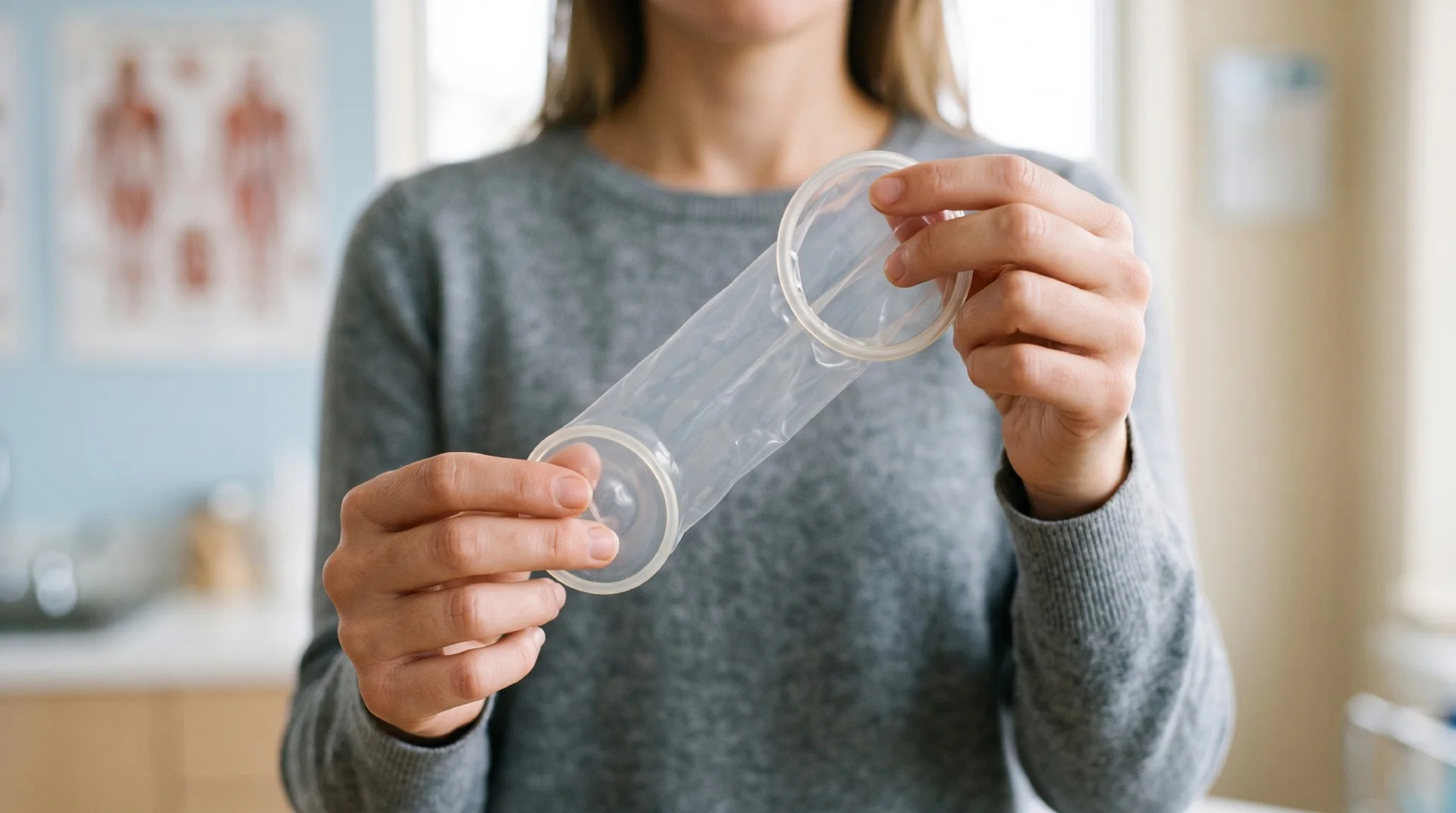 A woman holding an unwrapped female condom stretched horizontally between both hands.