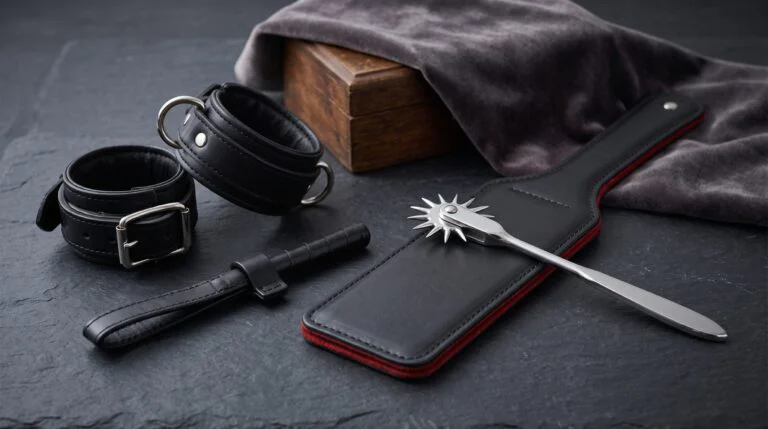 Collection of black leather cuffs, a spanking paddle, and a pinwheel on a dark surface representing masochism.