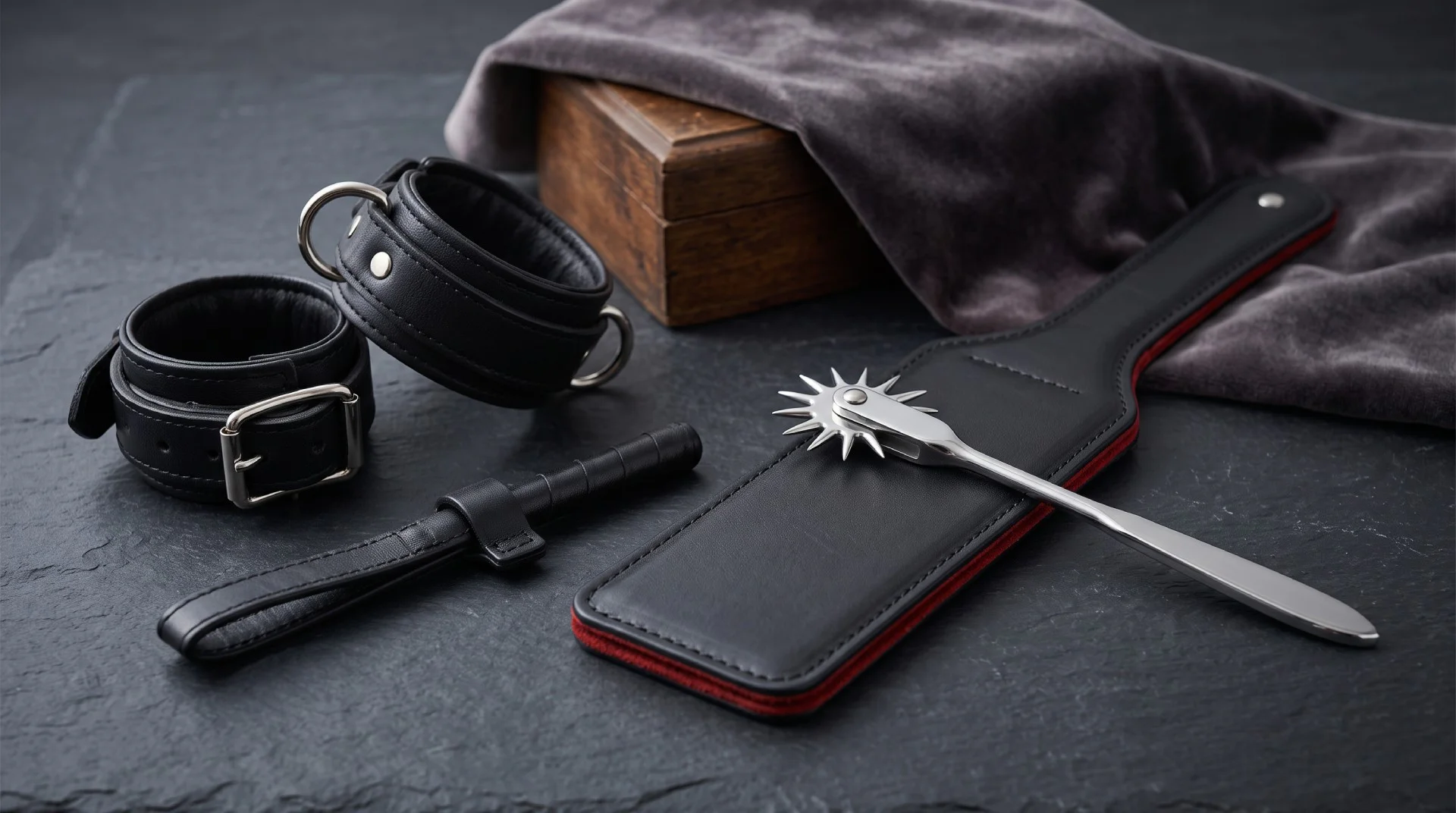Collection of black leather cuffs, a spanking paddle, and a pinwheel on a dark surface representing masochism.