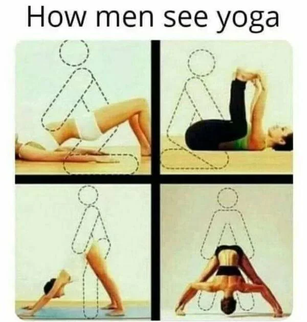 Four-panel grid showing women in various yoga poses with dotted stick figures overlaid to illustrate intimate partner positions.