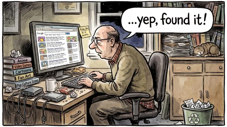 Comic illustration of an older man sitting at a cluttered desk looking at a computer screen displaying Google search results. A sticky note next to the monitor reads "Rule 34: If it exists...", a speech bubble says "...yep, found it!"
