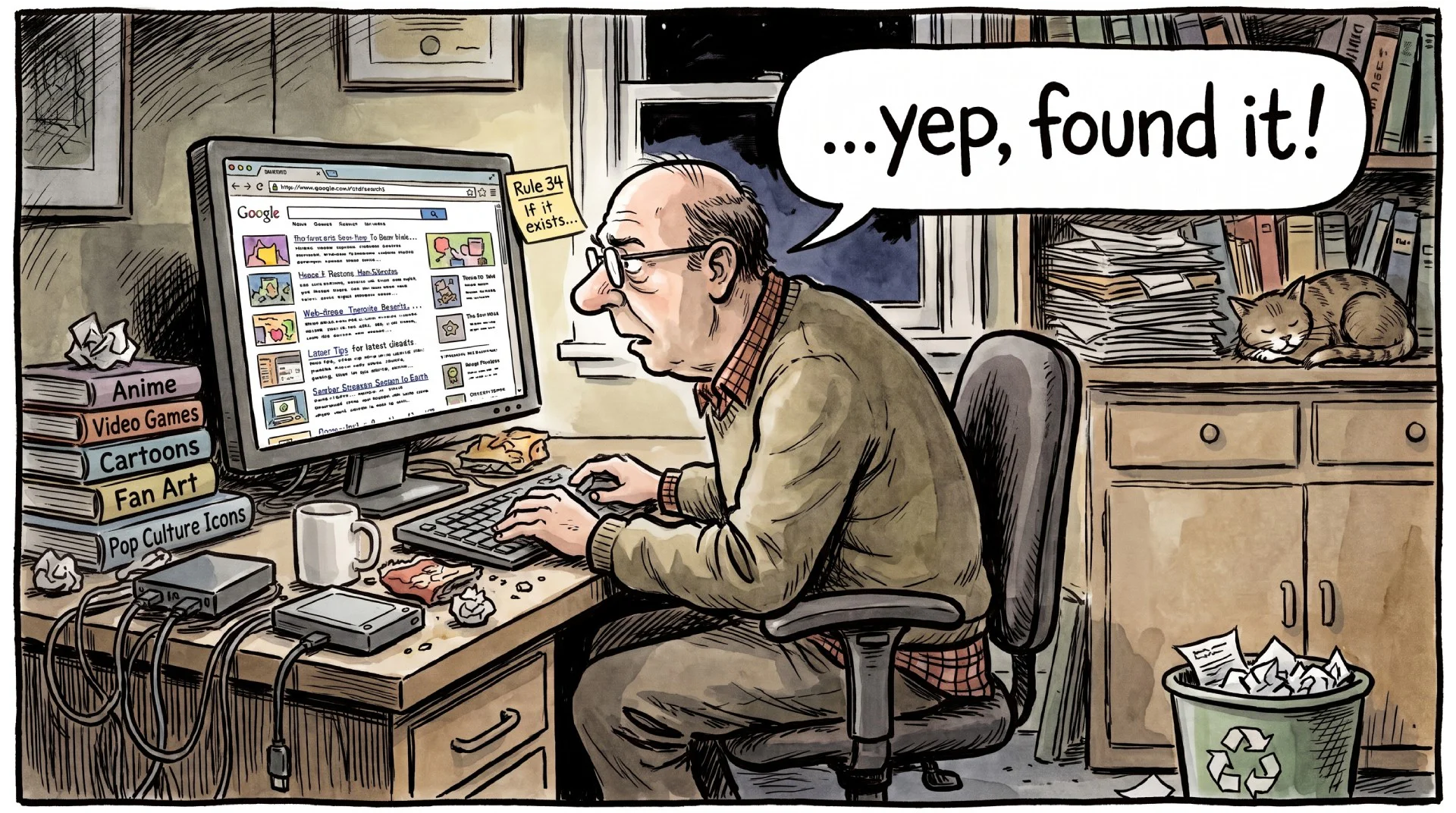 Comic illustration of an older man sitting at a cluttered desk looking at a computer screen displaying Google search results. A sticky note next to the monitor reads "Rule 34: If it exists...", a speech bubble says "...yep, found it!"
